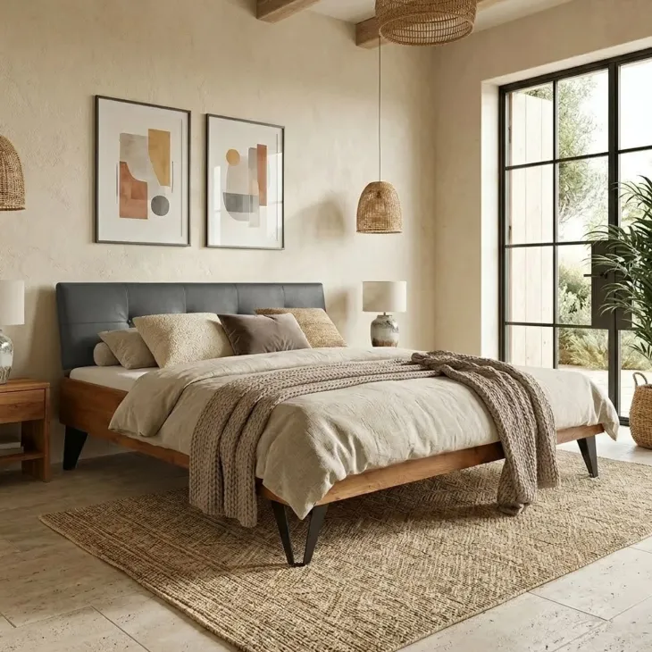 Letto king size 200x200cm testiera imbottita piedi in metallo legno massello rovere antracite Cortelia