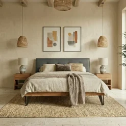 Letto king size 200x200cm testiera imbottita piedi in metallo legno massello rovere antracite Cortelia
