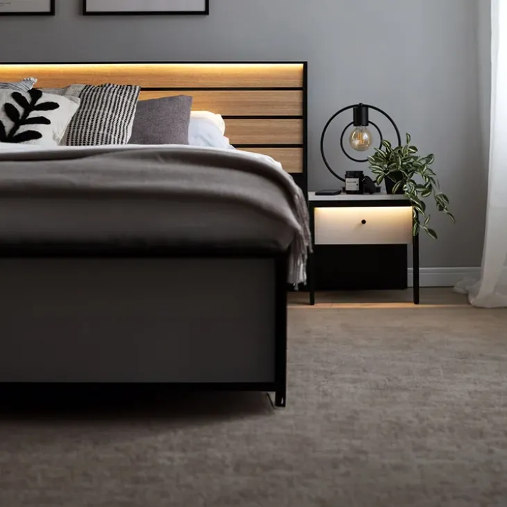 Letto matrimoniale contenitore 160x200cm con LED e presa USB-C grigio nero rovere Luna