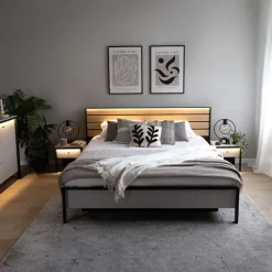 Letto matrimoniale contenitore 160x200cm con LED e presa USB-C grigio nero rovere Luna