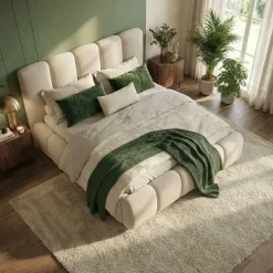 Letto matrimoniale contenitore 160x200 cm con rete tessuto imbottito bianco panna Stars