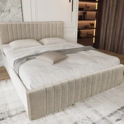 Letto matrimoniale oversize 180x200 cm imbottito con contenitore tessuto beige Emporio