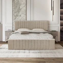 Letto matrimoniale oversize 180x200 cm imbottito con contenitore tessuto beige Emporio
