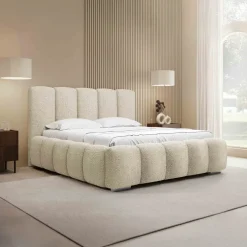 Letto matrimoniale oversize 180x200 cm con rete contenitore imbottito tessuto bouclé beige Cometa