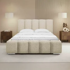 Letto matrimoniale oversize 180x200 cm con rete contenitore imbottito tessuto bouclé beige Cometa