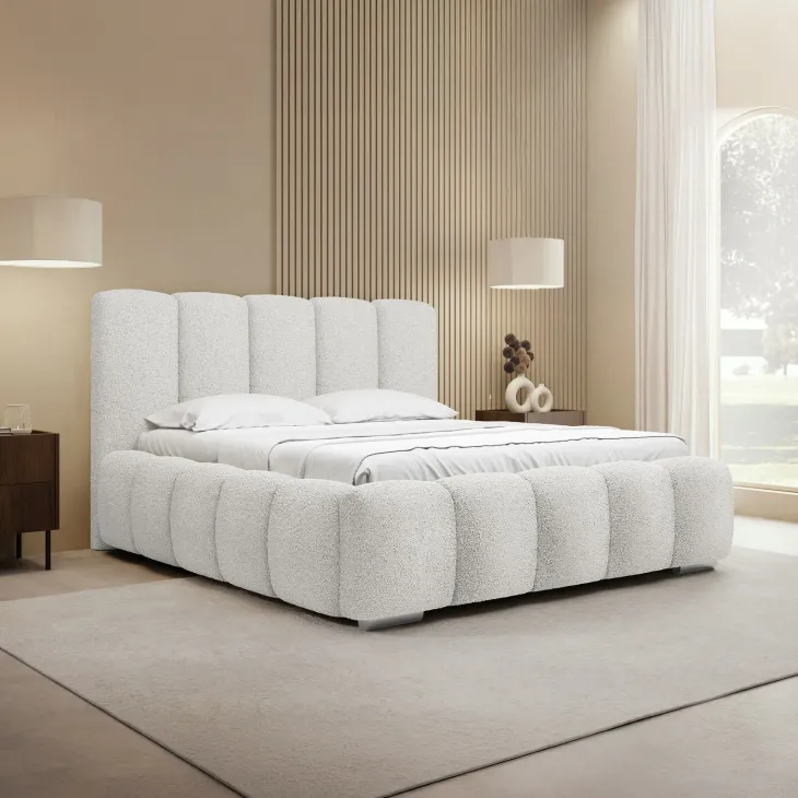 Letto matrimoniale oversize 180x200 cm con rete contenitore imbottito tessuto bouclé bianco Cometa