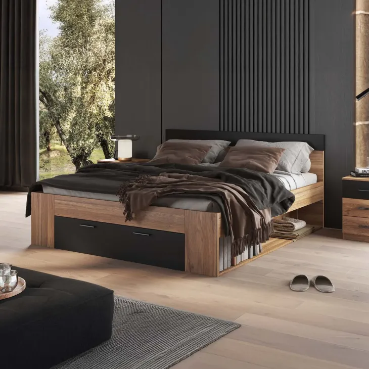 Letto matrimoniale oversize 180x200cm con cassettone rovere nero Yve