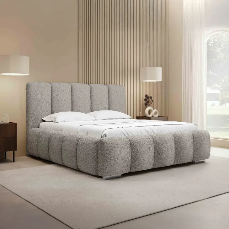 Letto matrimoniale oversize 180x200 cm con rete contenitore imbottito tessuto bouclé grigio chiaro Cometa