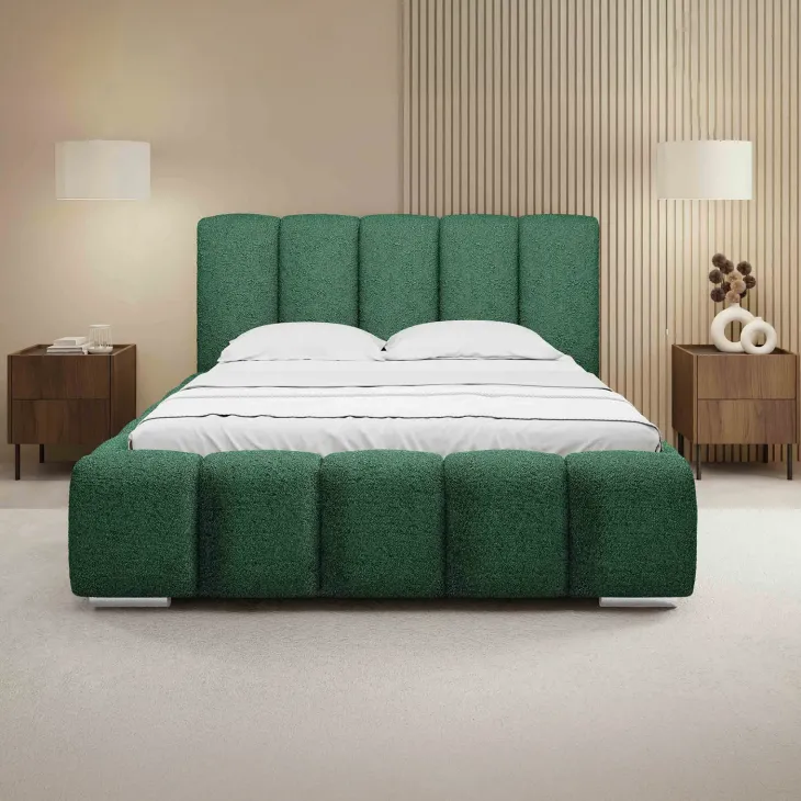 Letto matrimoniale oversize 180x200 cm con rete contenitore imbottito tessuto bouclé verde Cometa