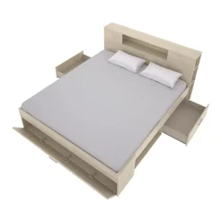 Letto matrimoniale 160x200cm con cassettoni e libreria rovere Nolito