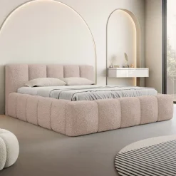 Letto matrimoniale 160x200cm con rete contenitore imbottito tessuto bouclé rosa Aluna