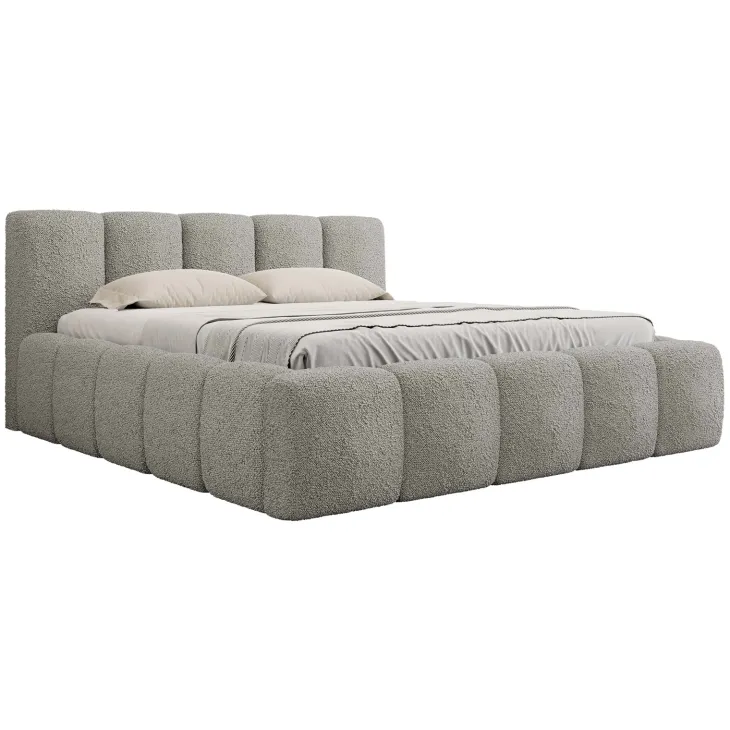 Letto matrimoniale 160x200cm con rete contenitore imbottito tessuto bouclé grigio Aluna
