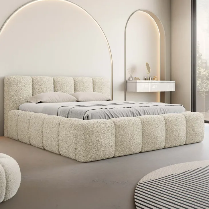 Letto matrimoniale 160x200cm con rete contenitore imbottito tessuto bouclé beige Aluna