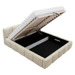 Letto matrimoniale 160x200cm con rete contenitore imbottito tessuto bouclé beige Aluna