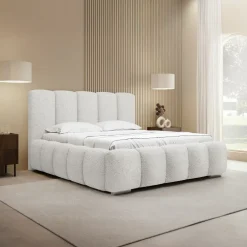 Letto matrimoniale 160x200 cm con rete contenitore imbottito tessuto bouclé bianco Cometa