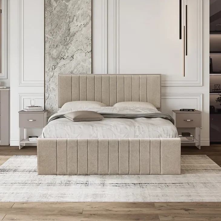Letto matrimoniale 160x200 cm imbottito con contenitore tessuto beige Emporio