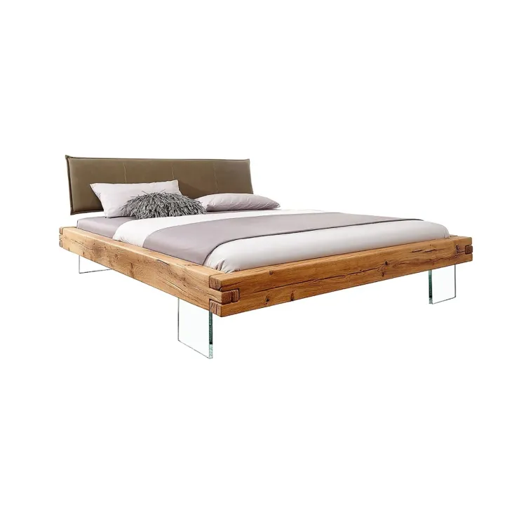 Letto matrimoniale 160x200cm testiera imbottita piedi in vetro legno massello rovere tortora Resilia