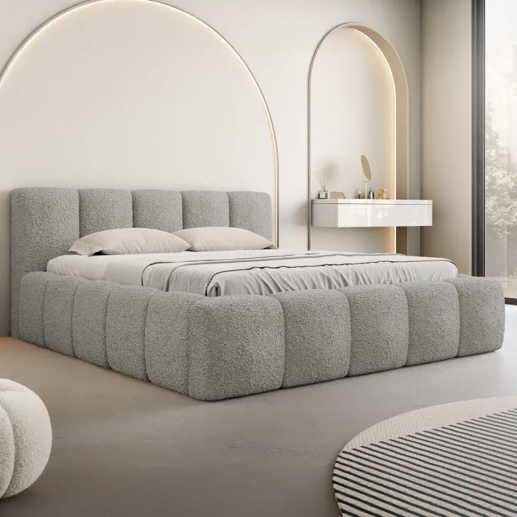 Letto oversize 180x200cm con rete contenitore imbottito tessuto bouclé grigio Aluna