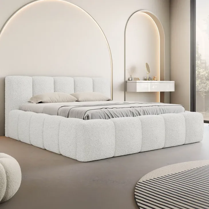 Letto oversize 180x200cm con rete contenitore imbottito tessuto bouclé bianco Aluna