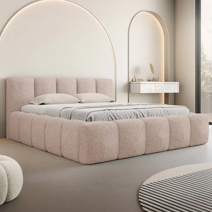 Letto oversize 180x200cm con rete contenitore imbottito tessuto bouclé rosa Aluna