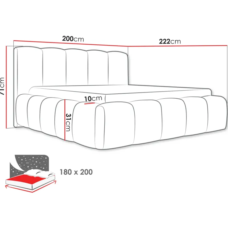 Letto oversize 180x200cm con rete contenitore imbottito grigio scuro Aluna