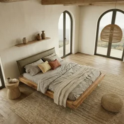 Letto oversize 180x200cm testiera imbottita piedi in vetro legno massello rovere tortora Resilia