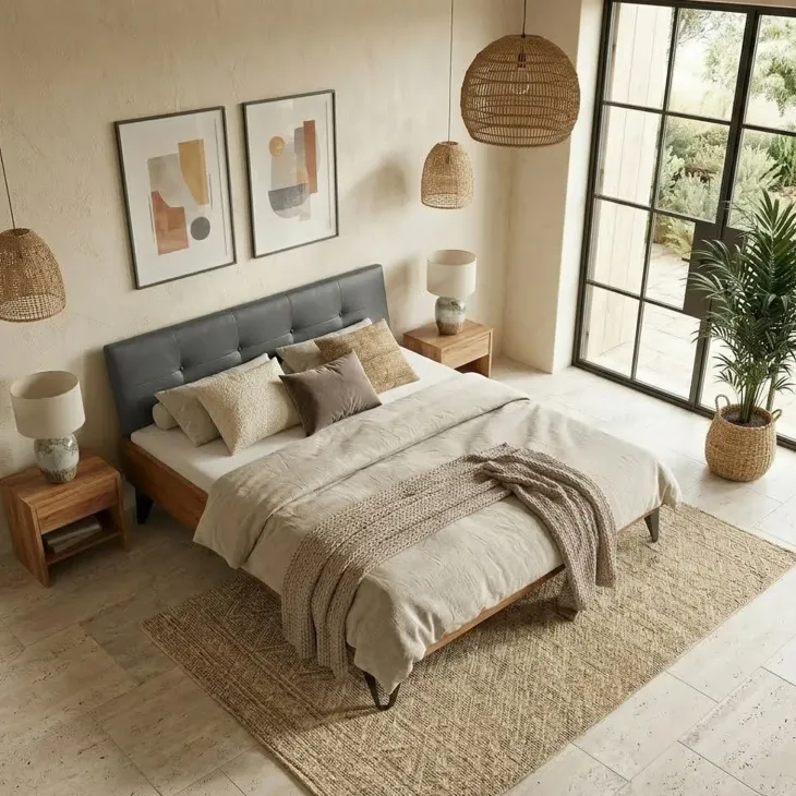 Letto oversize 180x200cm testiera imbottita piedi in metallo legno massello rovere antracite Cortelia