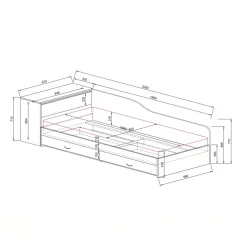 Letto singolo con comò e cassettoni 82x190cm rovere scuro marrone Catullo