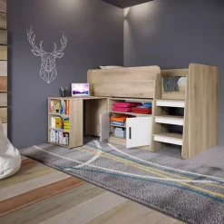 Letto singolo 90x200cm a soppalco rovere sonoma bianco opaco Erick