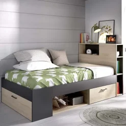 Letto singolo 90x190cm con cassettoni e libreria rovere grafite Derby