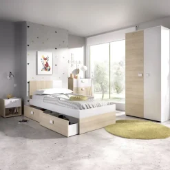 Letto singolo 90x190cm con cassettoni estraibili rovere bianco Cairo