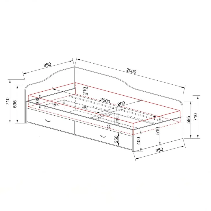 Letto singolo 90x200cm con cassettoni rovere scuro marrone Beccaria