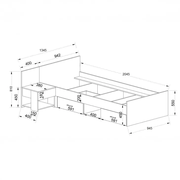 Letto singolo 90x200cm con comodino e cassettoni rovere bianco Francesco