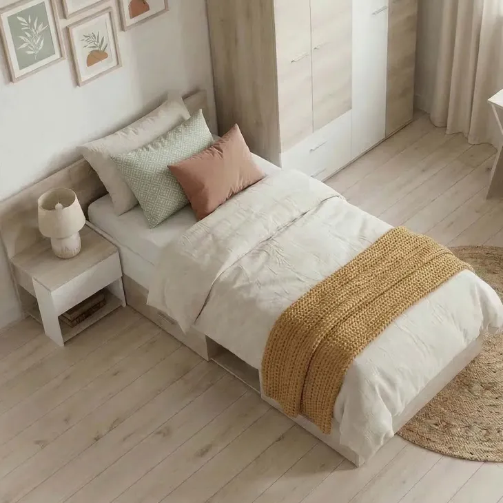 Letto singolo 90x200cm con comodino e cassettoni rovere bianco Francesco