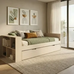 Letto singolo 90x200cm con letto estraibile e libreria reversibile rovere Claudio