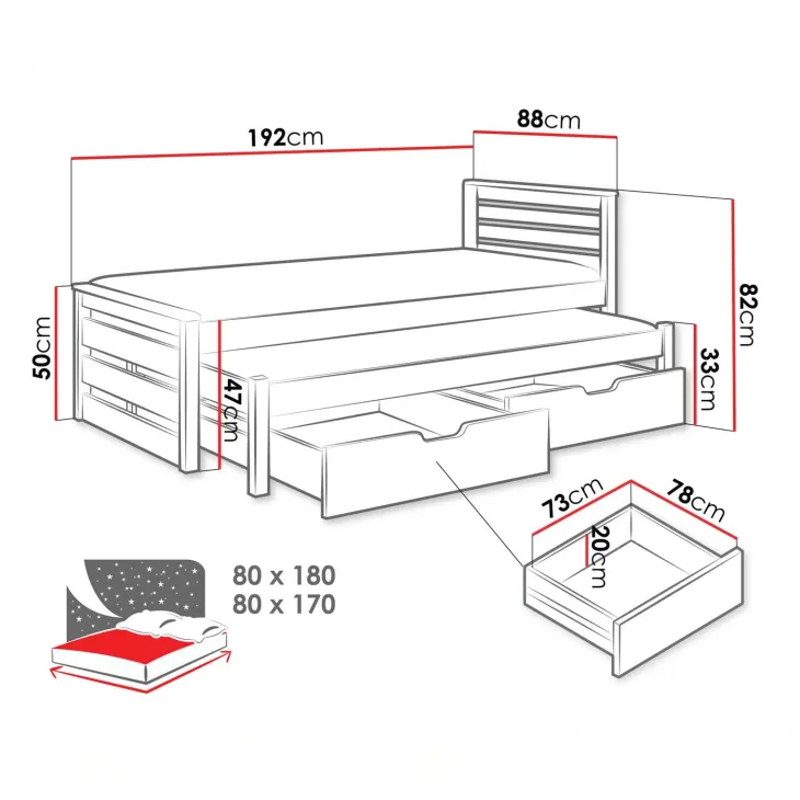 Letto singolo 80x180cm con letto estraibile e 2 cassettoni bianco opaco rovere Kido