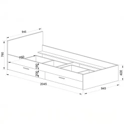 Letto singolo 90x200 con 2 cassetti grafite rovere rustico Fada
