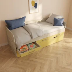 Letto singolo 90x200 con letto estraibile e 3 cassetti bianco frassinato giallo Bra