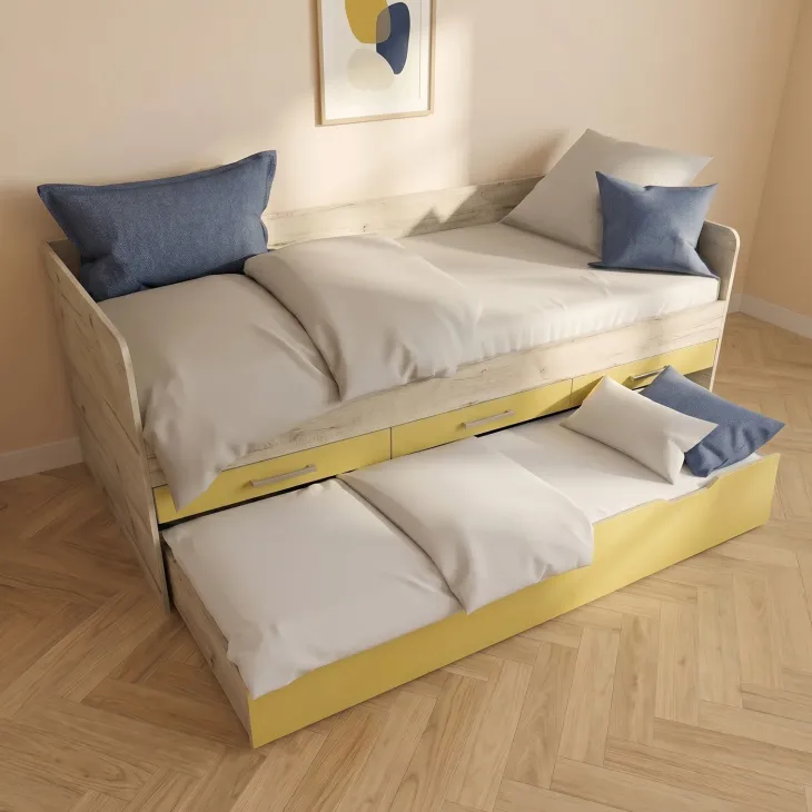 Letto singolo 90x200 con letto estraibile e 3 cassetti bianco frassinato giallo Bra