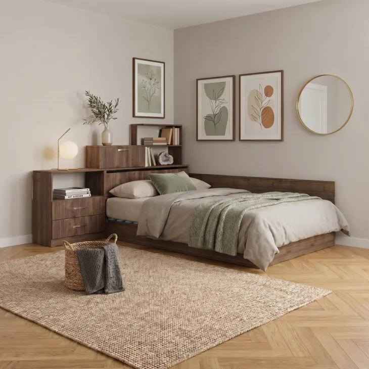 Letto una piazza e mezza contenitore 120x190cm con libreria e comodino noce Manzoni