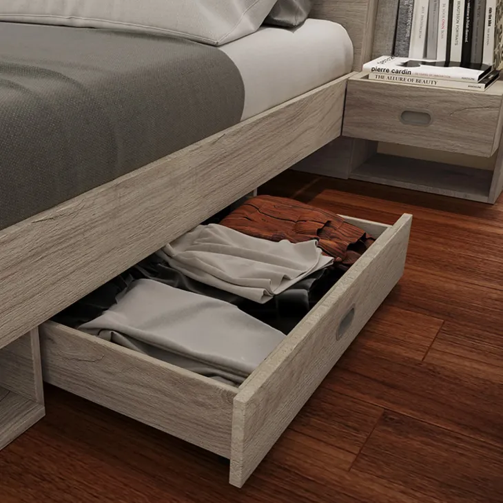 Letto 140x200cm alla francese con cassettoni e libreria rovere sonoma Danubio