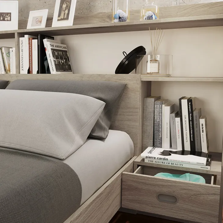 Letto 140x200cm alla francese con cassettoni e libreria rovere sonoma Danubio