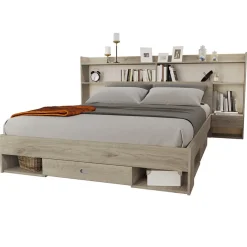 Letto 140x200cm alla francese con cassettoni e libreria rovere sonoma Danubio