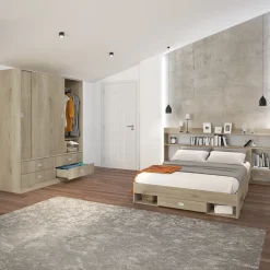 Letto 140x200cm alla francese con cassettoni e libreria rovere sonoma Danubio