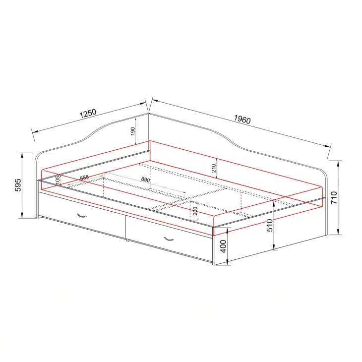 Letto 120x190cm con cassettoni rovere scuro marrone Beccaria