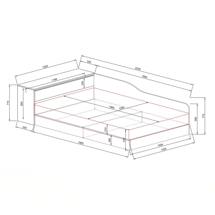 Letto 120x190cm contenitore una piazza e mezza con comò rovere scuro marrone Joel