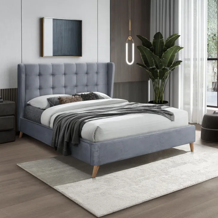 Letto 160x200cm matrimoniale imbottito in velluto con rete a doghe grigio Resty