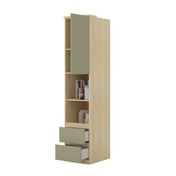 Libreria a colonna 45x215h cm 1 anta 2 ripiani 2 cassetti verde salvia rovere Elvira