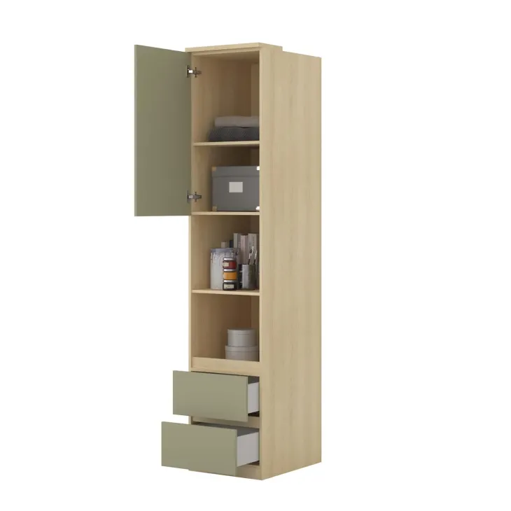 Libreria a colonna 45x215h cm 1 anta 2 ripiani 2 cassetti verde salvia rovere Elvira