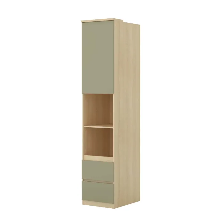 Libreria a colonna 45x215h cm 1 anta 2 ripiani 2 cassetti verde salvia rovere Elvira